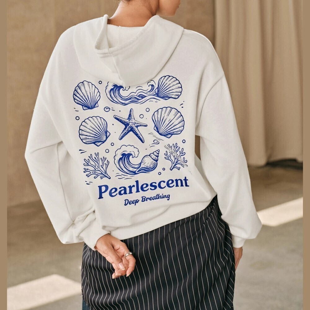 White Seashell Starfish Graphic Print Hooded Sweatshirt Pullover